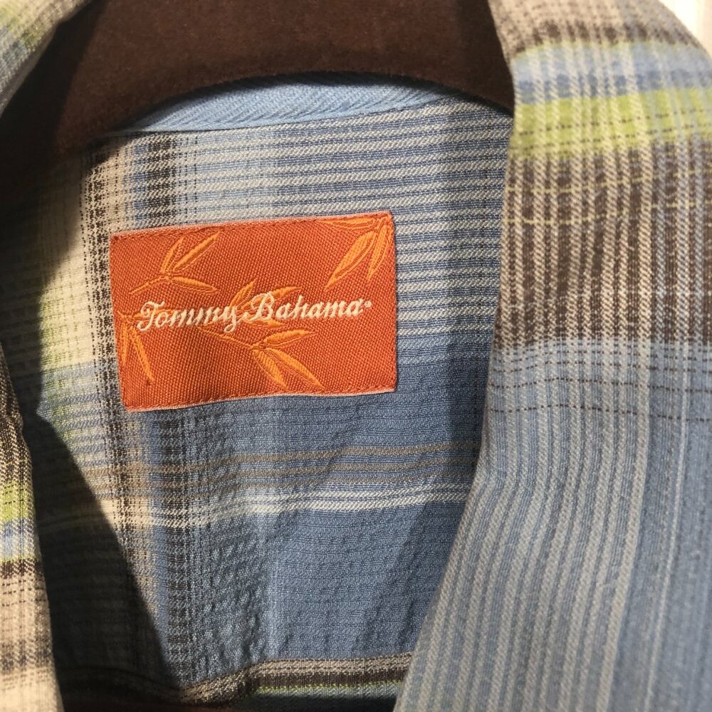 Tommy Bahama men blue and gray plaid motive short sleeve silk shirt, size L - Picture 4 of 11